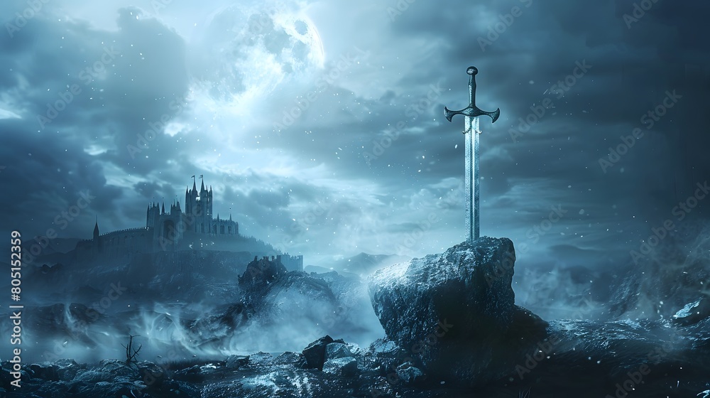 Fantasy background with a sword in a stone with light rays, moon and castle.