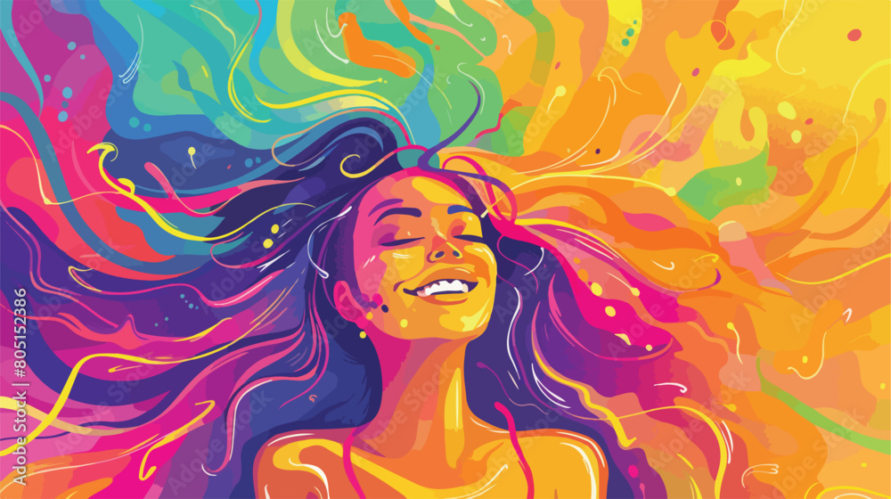 Happy woman with flying rainbow color hair.