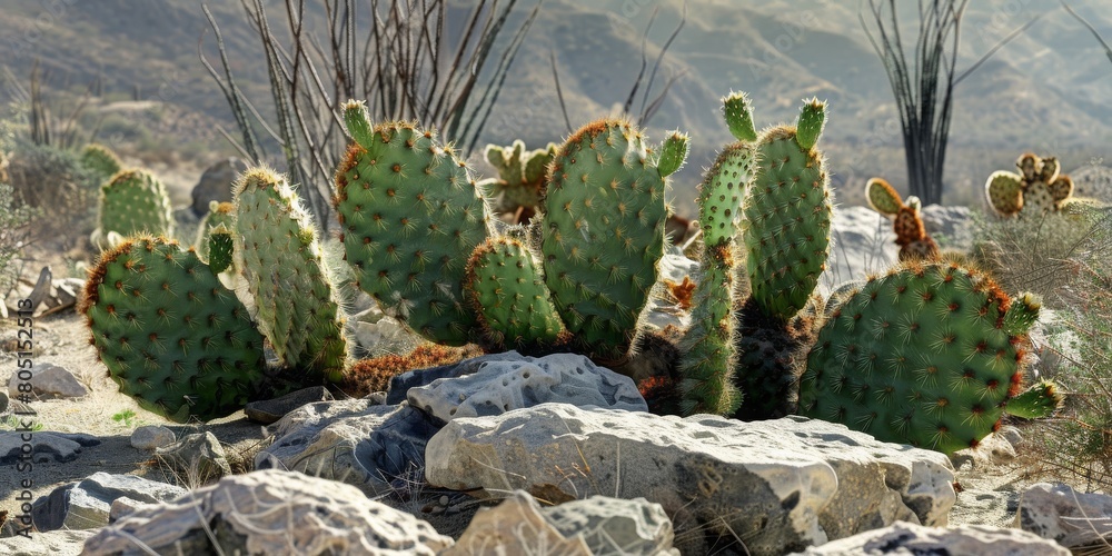 A group of cactus plants are growing on a rocky hillside A group of cactus plants are growing on a rocky hillside