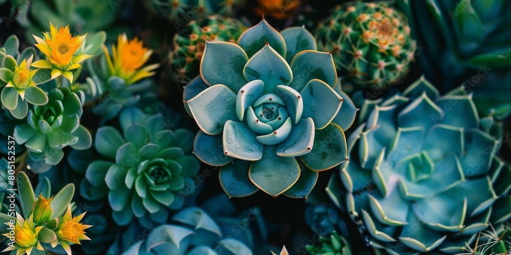 A bunch of plants with a blue flower in the middle