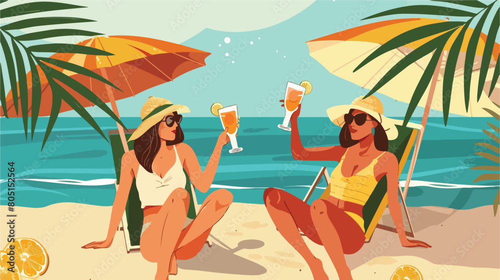Happy women drinking cocktails on sandy beach at seas