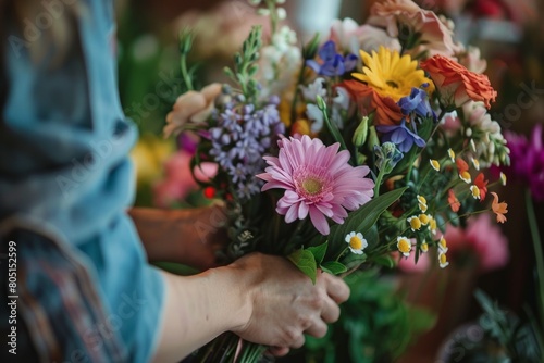 Florist at work: pretty young blond woman making fashion modern bouquet of different flowers 