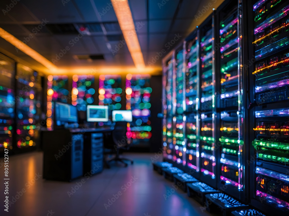 The data center server room comes alive with a symphony of colorful lights, enhancing the technological landscape.