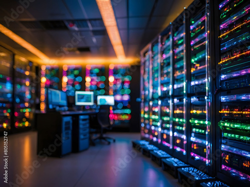 The data center server room comes alive with a symphony of colorful lights, enhancing the technological landscape.