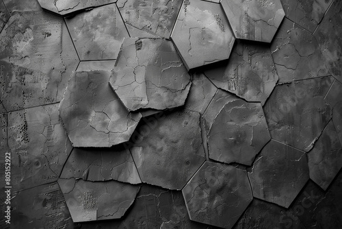 A grayscale abstraction featuring overlapping hexagonal shapes fading into the distance on a textured, slate-gray canvas