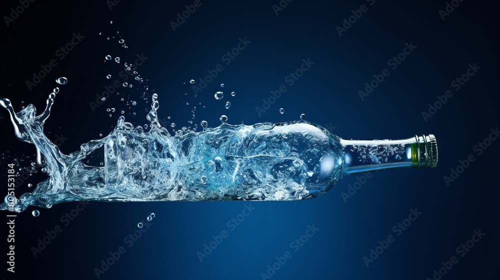 A bottle half-filled with water. Water is splashing out of the bottle and appears to have frozen in mid-air. The bottle is tilted at a 45-degree angle. A bottle half-filled with water. Water is splashing out of the bottle and appears to have frozen in mid-air. The bottle is tilted at a 45-degree angle.