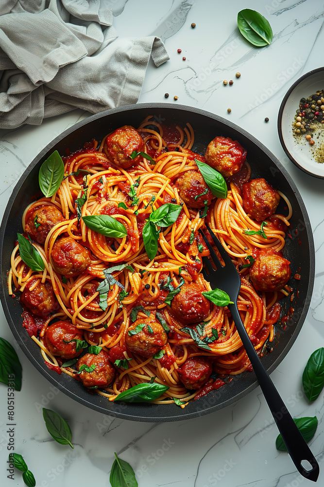 A large pan of spaghetti and meatballs A large pan of spaghetti and meatballs