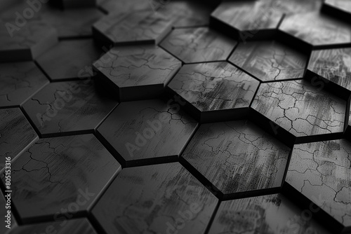 A grayscale abstraction featuring hexagonal wireframes intersecting against a dark, metallic backdrop, hinting at digital connectivity