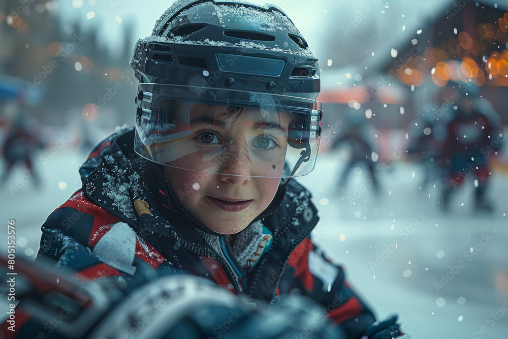 Animated children wielding hockey sticks on an ice rink, gliding and shooting with determination in youth hockey matches. Concept of junior ice hockey excitement. Generative Ai. Animated children wielding hockey sticks on an ice rink, gliding and shooting with determination in youth hockey matches. Concept of junior ice hockey excitement. Generative Ai.