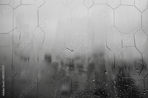 A grayscale composition showcasing hexagonal patterns formed by droplets of rain on a misty, urban windowpane, evoking a sense of melancholy photo