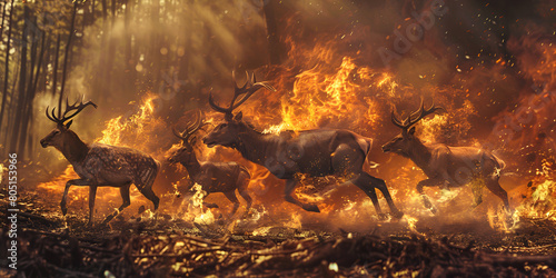 A deer with a fire on its horns, herd of deer in the forest image with black background