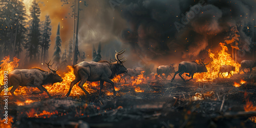 Moose Standing in the Middle of a Forest, fire in the forest 