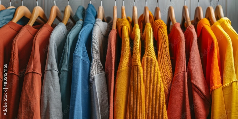 A row of clothes hanging on a rack, including a yellow sweater