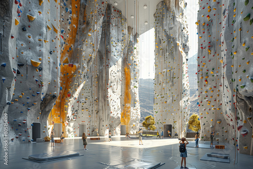 Eager kids scaling climbing walls at an indoor gym, challenging themselves and conquering heights in youth rock climbing sessions. Concept of junior rock climbing adventure. Generative Ai.