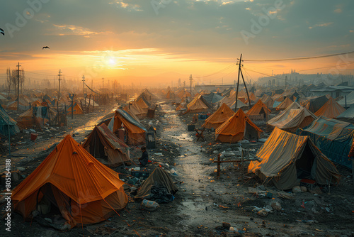 An overcrowded refugee camp with tents stretching as far as the eye can see, highlighting the plight of displaced populations. Concept of refugee crisis awareness. Generative Ai.