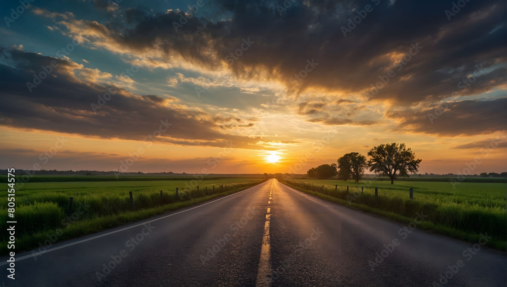 Tranquil Road, Empty Road, Green Fields, Sunset Clouds.