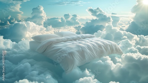 Serene bed with white linens among fluffy clouds, symbolizing peace and comfort. Dreamy and restful sleep concept. Design for bedding advertisement, wellness campaign.