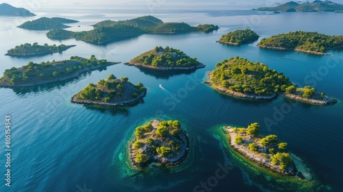 A breathtaking aerial view of a cluster of small islands surrounded by crystal clear water in the center of a serene lake, showcasing the beauty of natural landscape and marine biology AIG50 photo