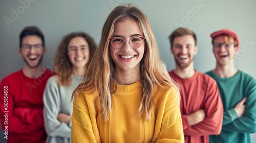 Young woman with glasses smiling in a group of friends. Happy, casual, and youthful group portrait. Friendship and happiness concept. Design for social media, youth lifestyle advertising.