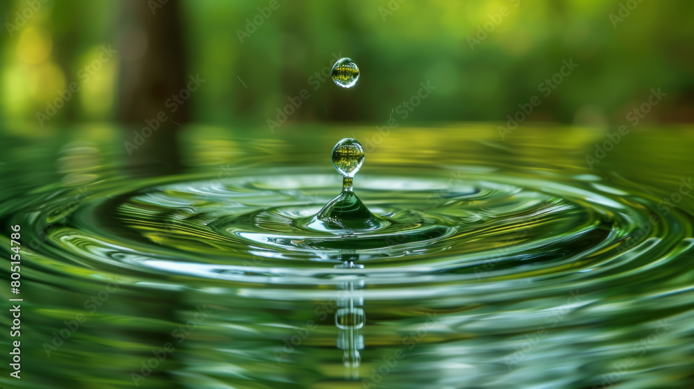 Close-up of water droplet splashing and rebounding in a tranquil forest setting. Close-up of water droplet splashing and rebounding in a tranquil forest setting.