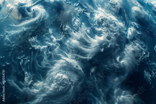 Close-up aerial view of swirling ocean patterns with deep blue and white textures representing the dynamic nature of the sea.