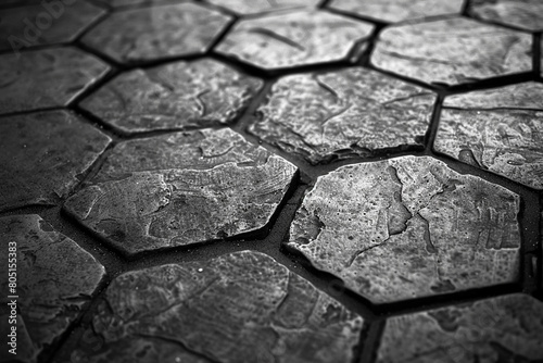 A grayscale photograph capturing the intricate details of hexagonal paving stones on an overcast, urban plaza