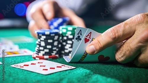 close up of cards in poker hands photo
