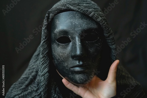 Human Face Mask. Black Drama Object in Hand for Halloween Celebration