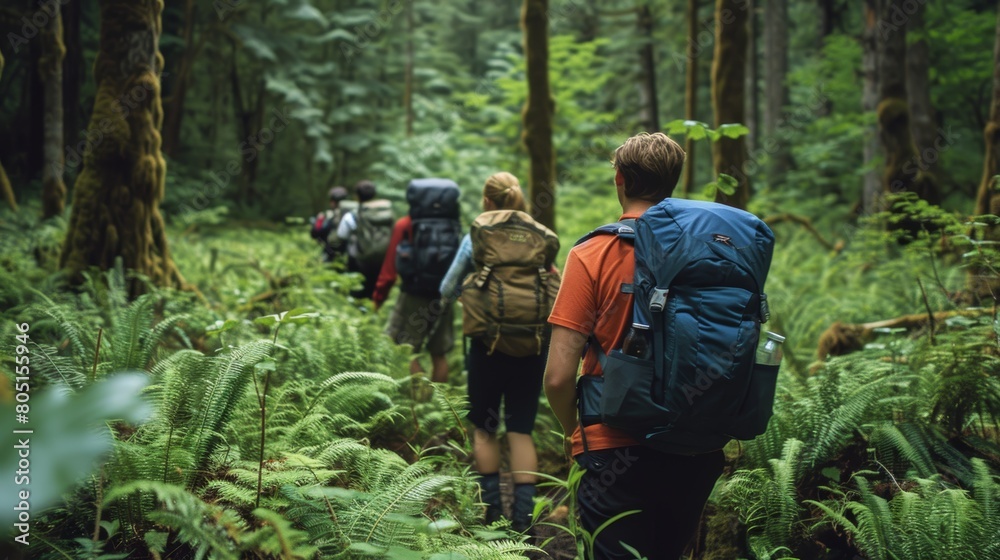 a man with friends, magazine photography, group of friends hiking in a lush forest a man with friends, magazine photography, group of friends hiking in a lush forest