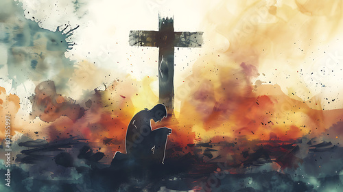 Digital Watercolor Painting: Christian Man Praying at Cross with Jesus Silhouette