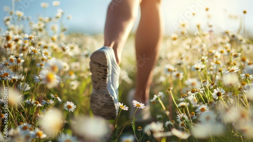 close-up of athlete's legs running across a field of daisies photo