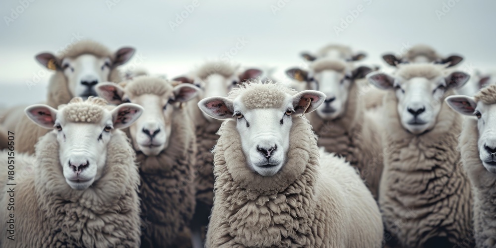 Obraz premium A group of sheep are standing together in a field