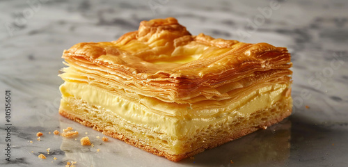A golden-brown puff pastry base supporting a generous layer of velvety custard cream. photo
