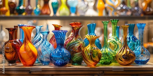 A display of colorful glass vases on a shelf
