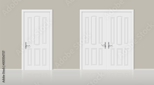 Closed white realistic doors vector illustration. White entry or interior doors. Wooden entrance door set.