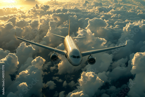 Airplane flying above dramatic clouds, aerial view 