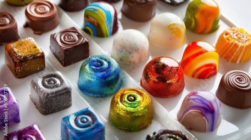 A decadent array of colorful, artisanal chocolates  photo