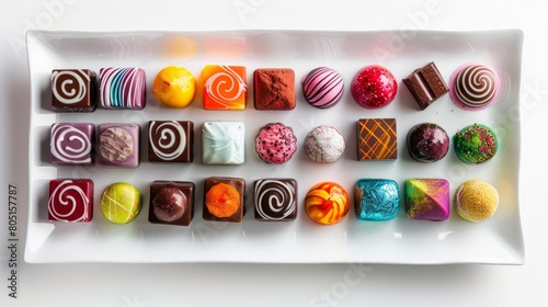 A decadent array of colorful, artisanal chocolates 