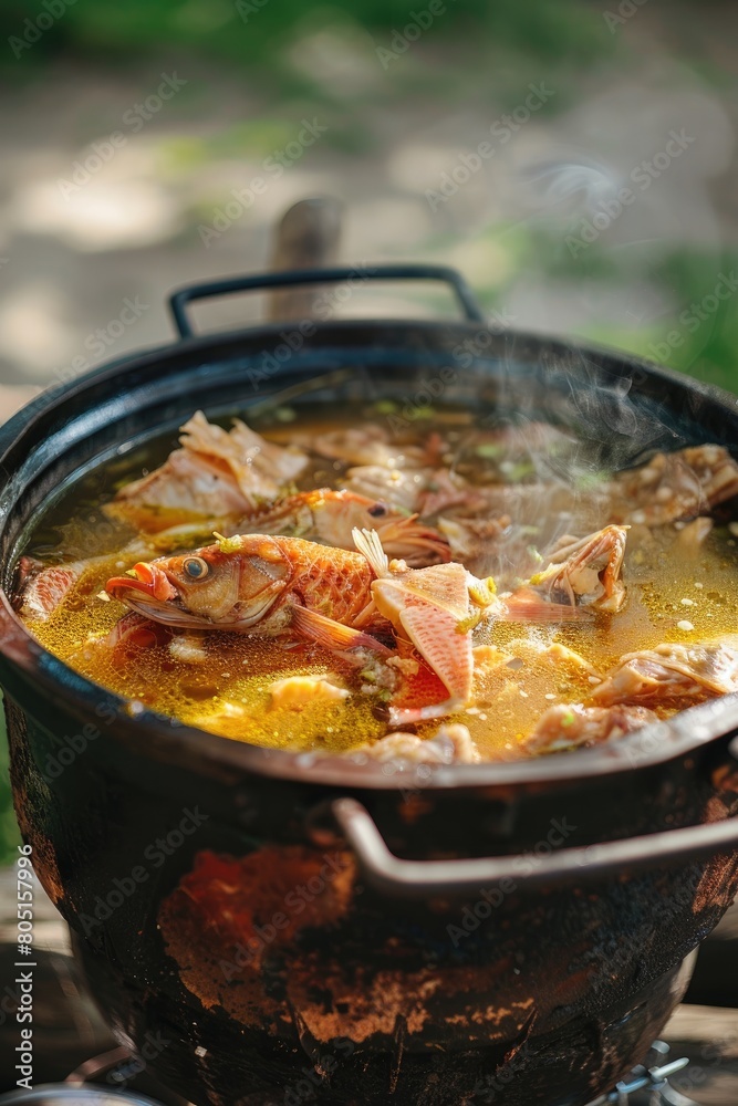 fish soup is cooked in a cauldron outdoors fish soup is cooked in a cauldron outdoors