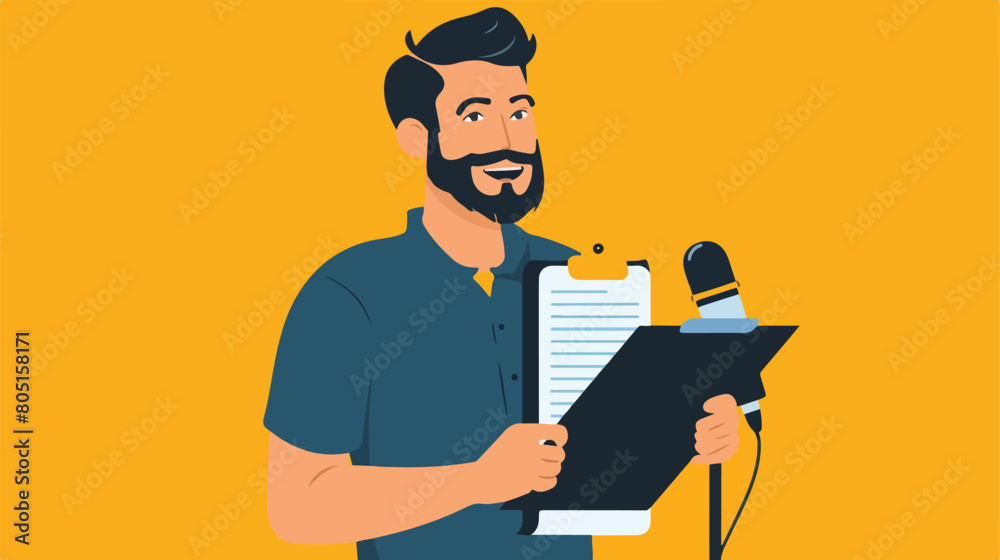 Male journalist with microphone and clipboard recordi