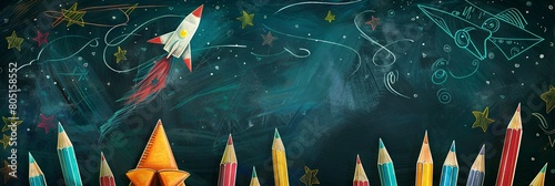 This hand-drawn of a back to school background uses a warm color palette and features a collection of colorful pencils, pens, and a soaring paper airplane rocket above a chalkboard. Radiating a cozy photo