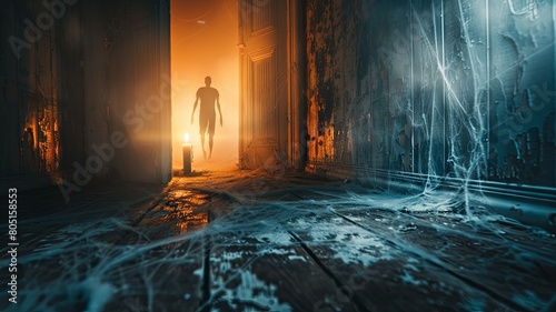 A lone figure, cloaked in shadows, moves stealthily through the cobweb-filled halls of a long-abandoned mansion. The flickering light of a solitary candle casts eerie shadows, enhancing the photo