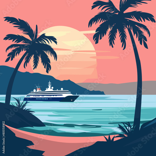 Cruise ship tropical island vacationing background. Luxury voyage cruises on a passenger ship vessel to amazing destinations