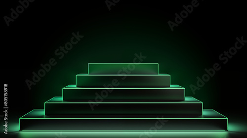 Mockup blue stair podium for product presentation round podium green neon lights product display concept