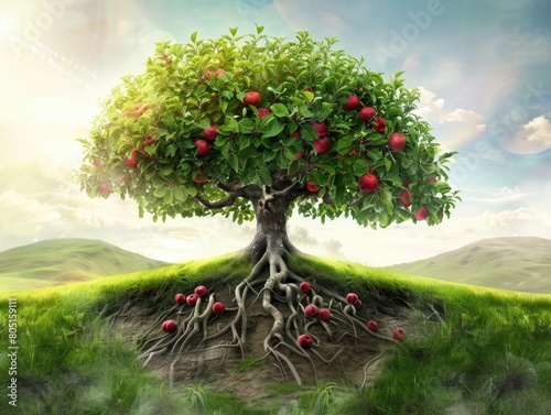 Tree Fruit. Efficient Growth of Apple Tree with Healthy Fruits and Earthy Roots photo