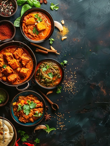 A tantalizing Indian curry feast takes center stage, featuring a medley of aromatic spices and traditional flavors. The enticing dish, beautifully presented on a stainless steel plate, exudes an