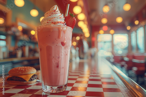 A retro-style diner serving milkshakes and burgers on checkered tablecloths, harkening back to the American diners of the 1950s. Concept of nostalgic dining experience. Generative Ai. photo