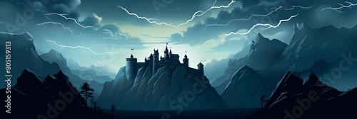 This haunted castle, perched on a craggy cliff, showcases towers and turrets silhouetted against a stormy sky. Lightning flashes in the distance, casting murky shadows that creep across the photo