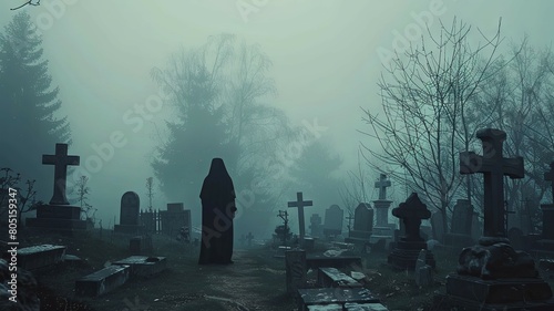 A haunting hooded figure stands alone in a desolate, fog-shrouded graveyard, with tombstones and dead trees in the background. The moon casts long, eerie shadows, adding to the sense of impending