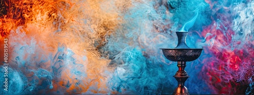 close-up of hookah bowl in colorful smoke photo